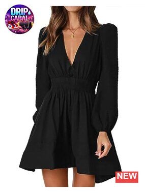 Women's A-Line Mini Dress, Deep V Long Sleeve Flowy Casual Dress for Wedding